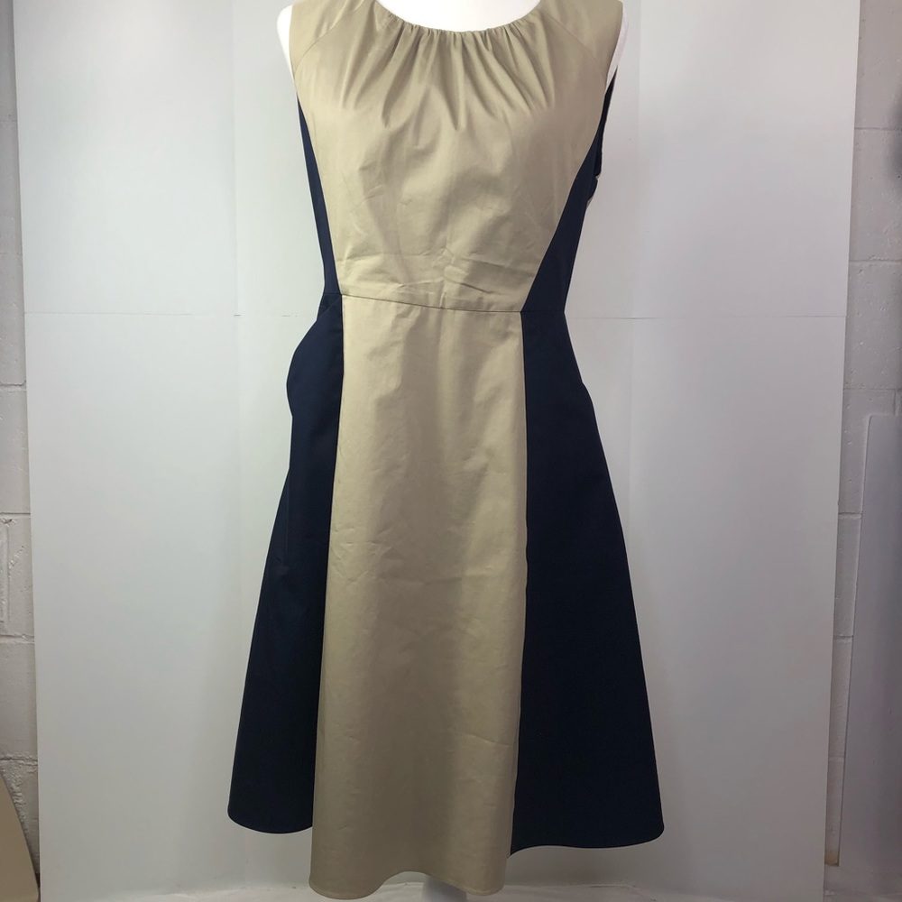 Elie TAHARI sheath shift dress navy beige Sz 10